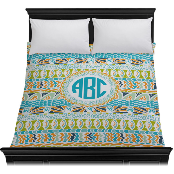 Abstract Teal Stripes Duvet Cover - Queen - On Bed - No Prop