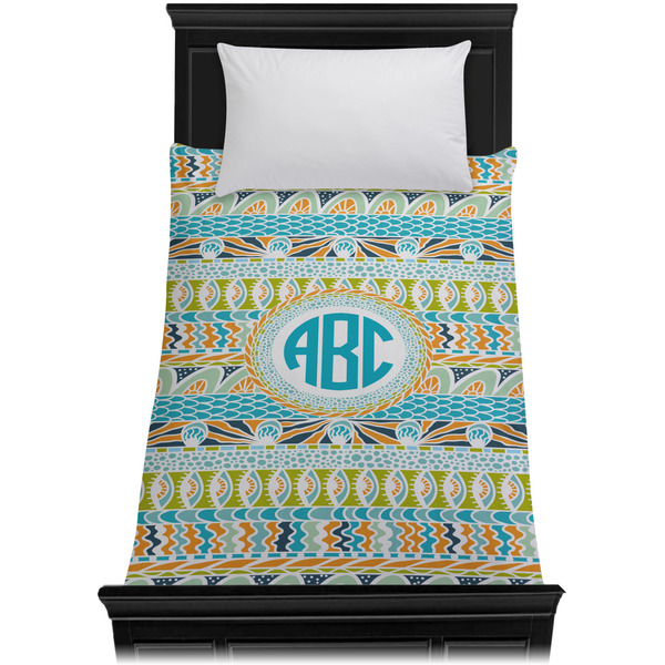 Abstract Teal Stripes Duvet Cover - Twin - On Bed - No Prop