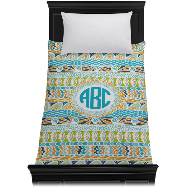 Abstract Teal Stripes Duvet Cover - Twin XL - On Bed - No Prop