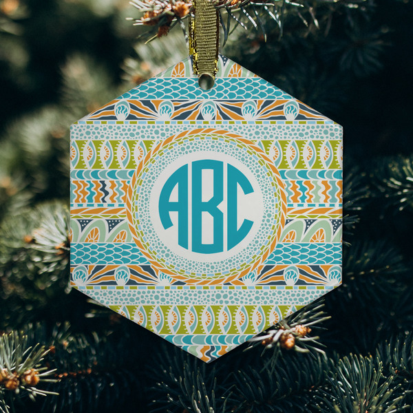 Abstract Teal Stripes Frosted Glass Ornament - Hexagon (Lifestyle)