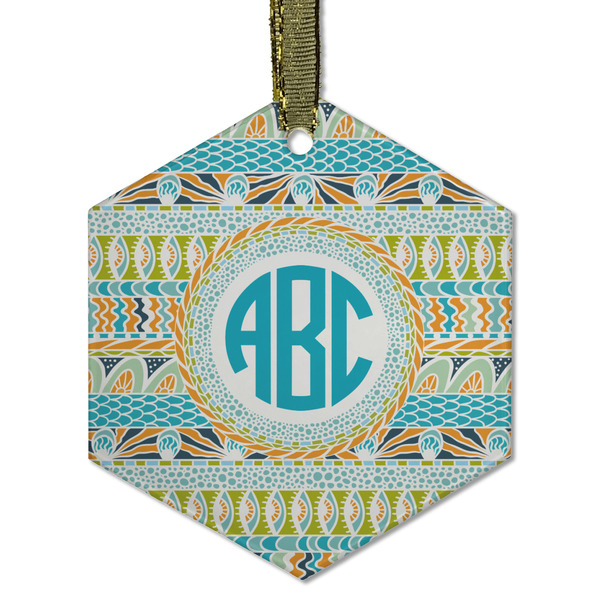 Abstract Teal Stripes Frosted Glass Ornament - Hexagon