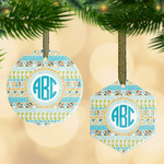 Abstract Teal Stripes Flat Glass Ornament w/ Monogram