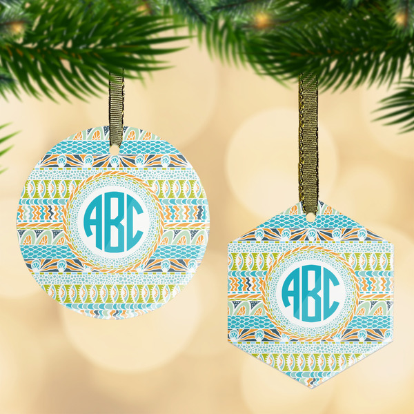 Custom Abstract Teal Stripes Flat Glass Ornament w/ Monogram