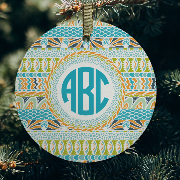Abstract Teal Stripes Frosted Glass Ornament - Round (Lifestyle)