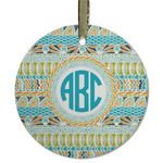 Abstract Teal Stripes Flat Glass Ornament - Round w/ Monogram