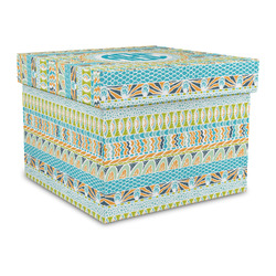 Abstract Teal Stripes Gift Box with Lid - Canvas Wrapped - Large (Personalized)