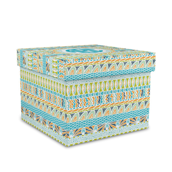 Custom Abstract Teal Stripes Gift Box with Lid - Canvas Wrapped - Medium (Personalized)
