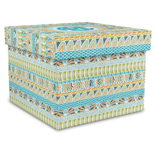 Custom Abstract Teal Stripes Gift Box with Lid - Canvas Wrapped - X-Large (Personalized)