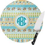 Abstract Teal Stripes Round Glass Cutting Board (Personalized)