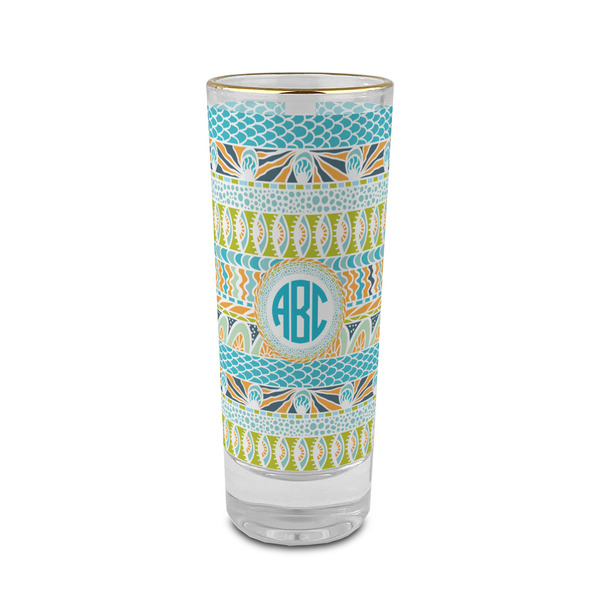 Custom Abstract Teal Stripes 2 oz Shot Glass - Glass with Gold Rim (Personalized)
