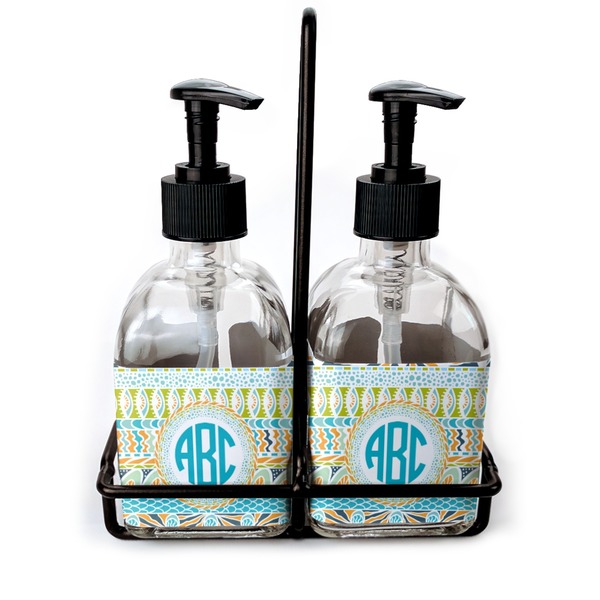 Custom Abstract Teal Stripes Glass Soap & Lotion Bottles (Personalized)