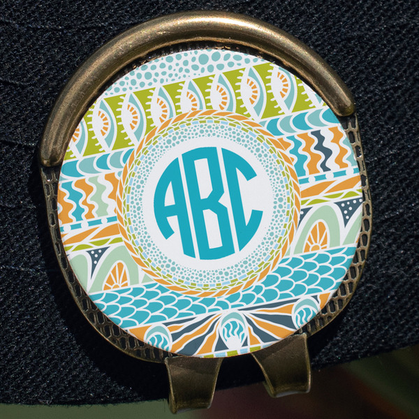 Abstract Teal Stripes Golf Ball Marker Hat Clip - Gold - Close Up