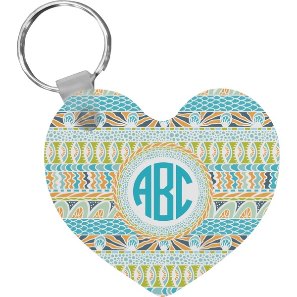 Custom Abstract Teal Stripes Heart Plastic Keychain w/ Monogram