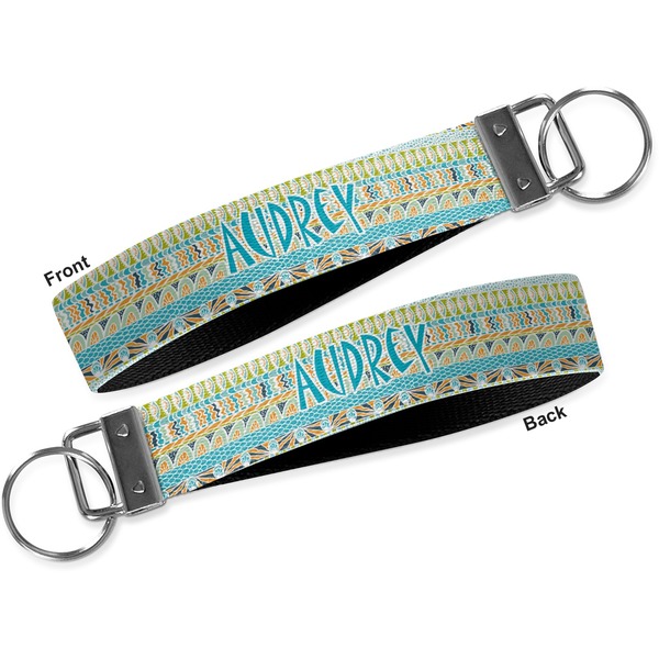 Abstract Teal Stripes Key-chain - Metal and Nylon - Front and Back