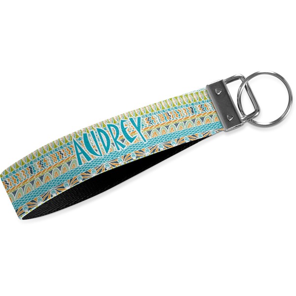 Custom Abstract Teal Stripes Webbing Keychain Fob - Small (Personalized)