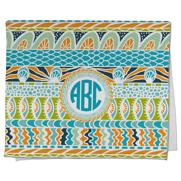 Custom Abstract Teal Stripes Kitchen Towel - Poly Cotton w/ Monograms
