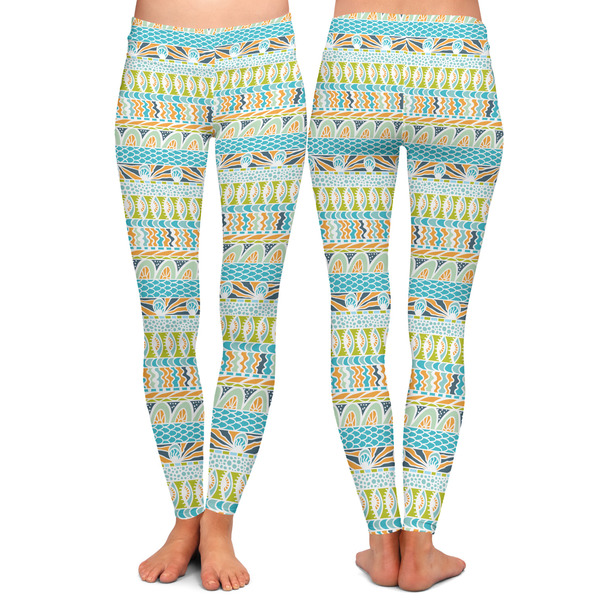 Abstract Teal Stripes Ladies Leggings - Front and Back