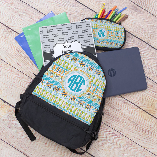 Abstract Teal Stripes Large Backpack - Black - With Stuff