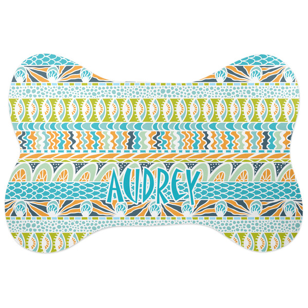 Custom Abstract Teal Stripes Bone Shaped Dog Food Mat (Personalized)