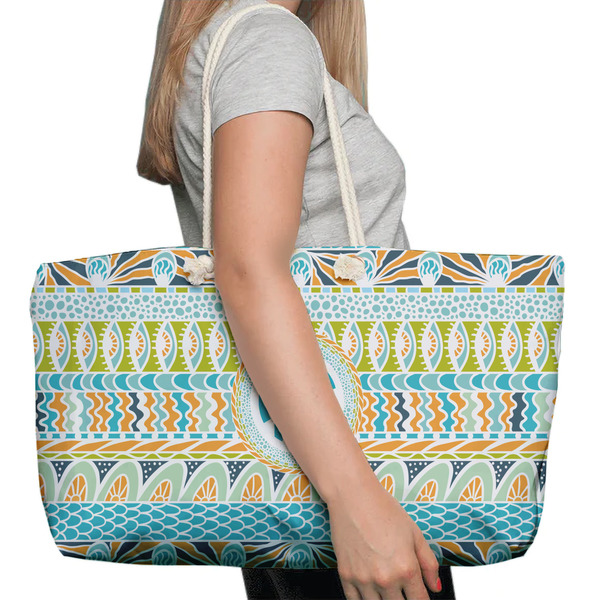 Abstract Teal Stripes Large Rope Tote Bag - In Context View