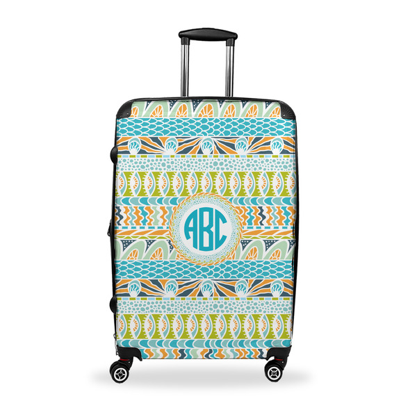 Custom Abstract Teal Stripes Suitcase - 28" Large - Checked w/ Monogram