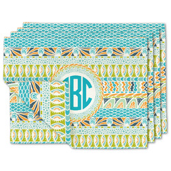 Abstract Teal Stripes Double-Sided Linen Placemat - Set of 4 w/ Monogram
