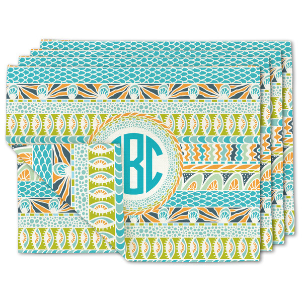 Custom Abstract Teal Stripes Linen Placemat w/ Monogram