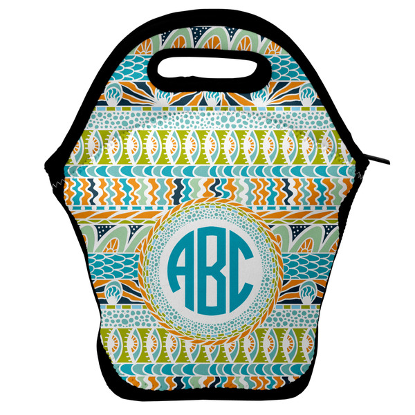 Custom Abstract Teal Stripes Lunch Bag w/ Monogram