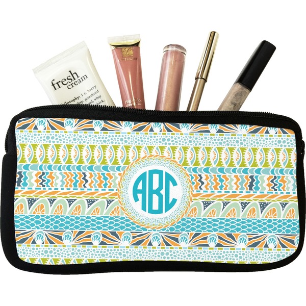 Custom Abstract Teal Stripes Makeup / Cosmetic Bag - Small (Personalized)