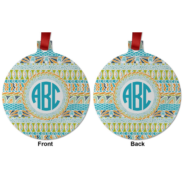 Abstract Teal Stripes Metal Ball Ornament - Front and Back
