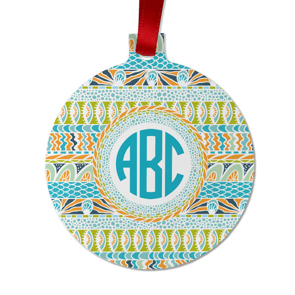 Custom Abstract Teal Stripes Metal Ball Ornament - Double Sided w/ Monogram