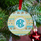Abstract Teal Stripes Metal Ball Ornament - Lifestyle