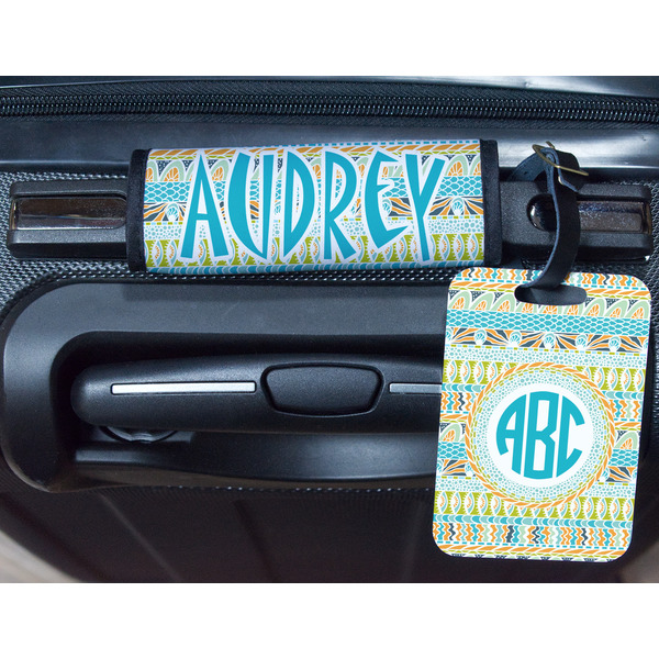 Abstract Teal Stripes Metal Luggage Tag & Handle Wrap - In Context