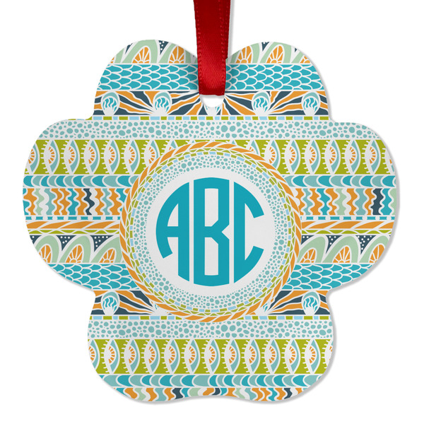Custom Abstract Teal Stripes Metal Paw Ornament - Double Sided w/ Monogram