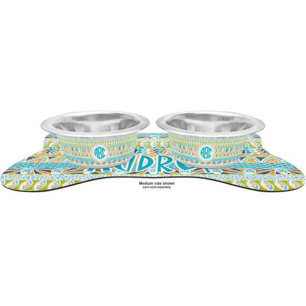 Abstract Teal Stripes Metal Pet Bowls - On Dog Bone Shaped Mat