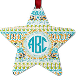 Abstract Teal Stripes Metal Star Ornament - Double Sided w/ Monogram