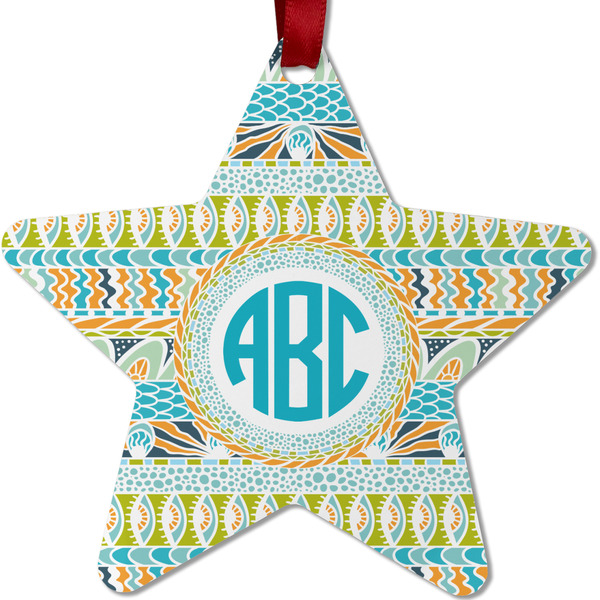 Custom Abstract Teal Stripes Metal Star Ornament - Double Sided w/ Monogram