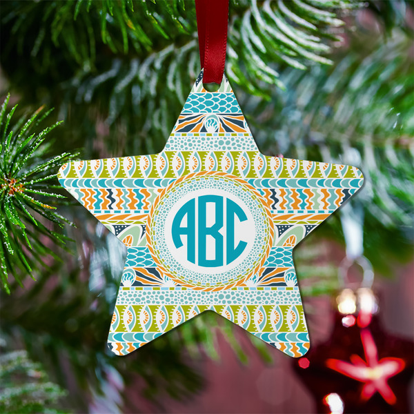 Abstract Teal Stripes Metal Star Ornament - Lifestyle