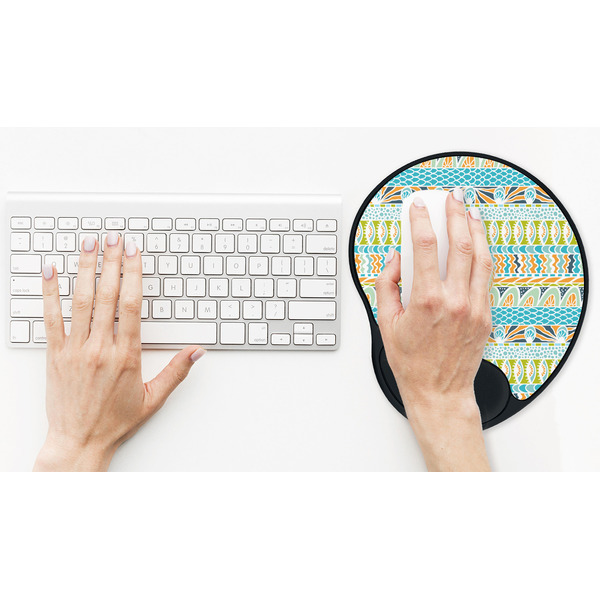 Abstract Teal Stripes Mouse Pad with Wrist Rest - LIFESYTLE 2 (in use)