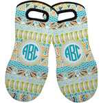 Abstract Teal Stripes Neoprene Oven Mitts - Set of 2 w/ Monogram