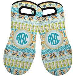 Abstract Teal Stripes Neoprene Oven Mitts - Set of 2 w/ Monogram