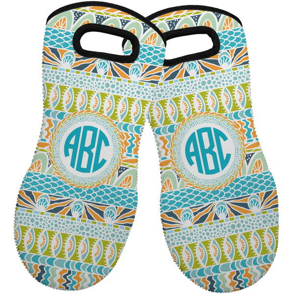 Abstract Teal Stripes Neoprene Oven Mitt -Set of 2 - Front