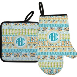 Abstract Teal Stripes Right Oven Mitt & Pot Holder Set w/ Monogram