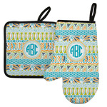 Abstract Teal Stripes Left Oven Mitt & Pot Holder Set w/ Monogram