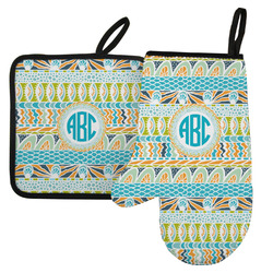 Abstract Teal Stripes Left Oven Mitt & Pot Holder Set w/ Monogram