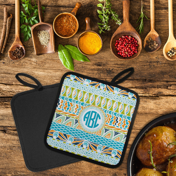 Abstract Teal Stripes Neoprene Pot Holder - Set of 2  LIFESTYLE (Flatlay)