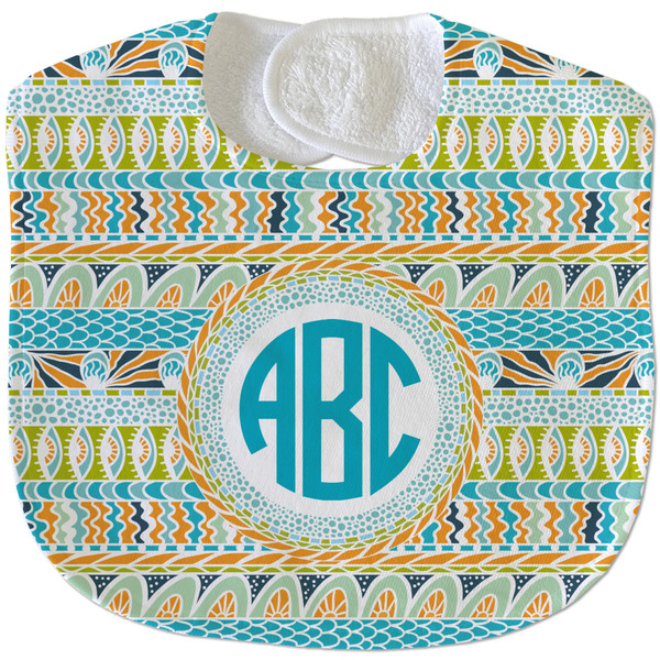 Custom Abstract Teal Stripes Velour Baby Bib w/ Monogram