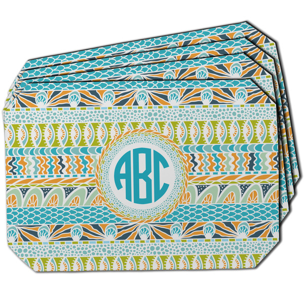 Custom Abstract Teal Stripes Dining Table Mat - Octagon w/ Monogram