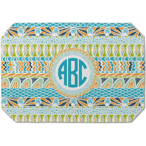 Custom Abstract Teal Stripes Dining Table Mat - Octagon (Single-Sided) w/ Monogram