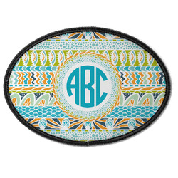 Abstract Teal Stripes Iron On Oval Patch w/ Monogram